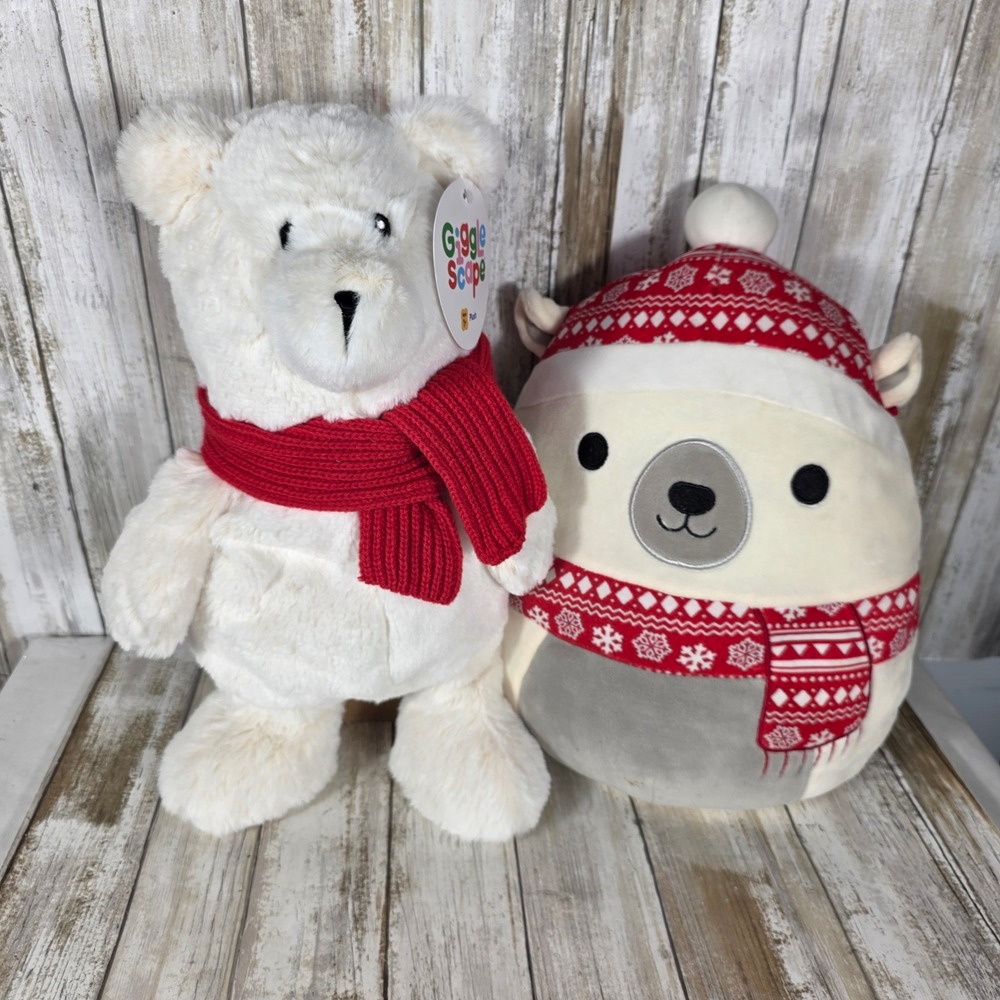Giggle Scape Polar Bear & Holiday Squishmallow Plush Set White Red Christmas